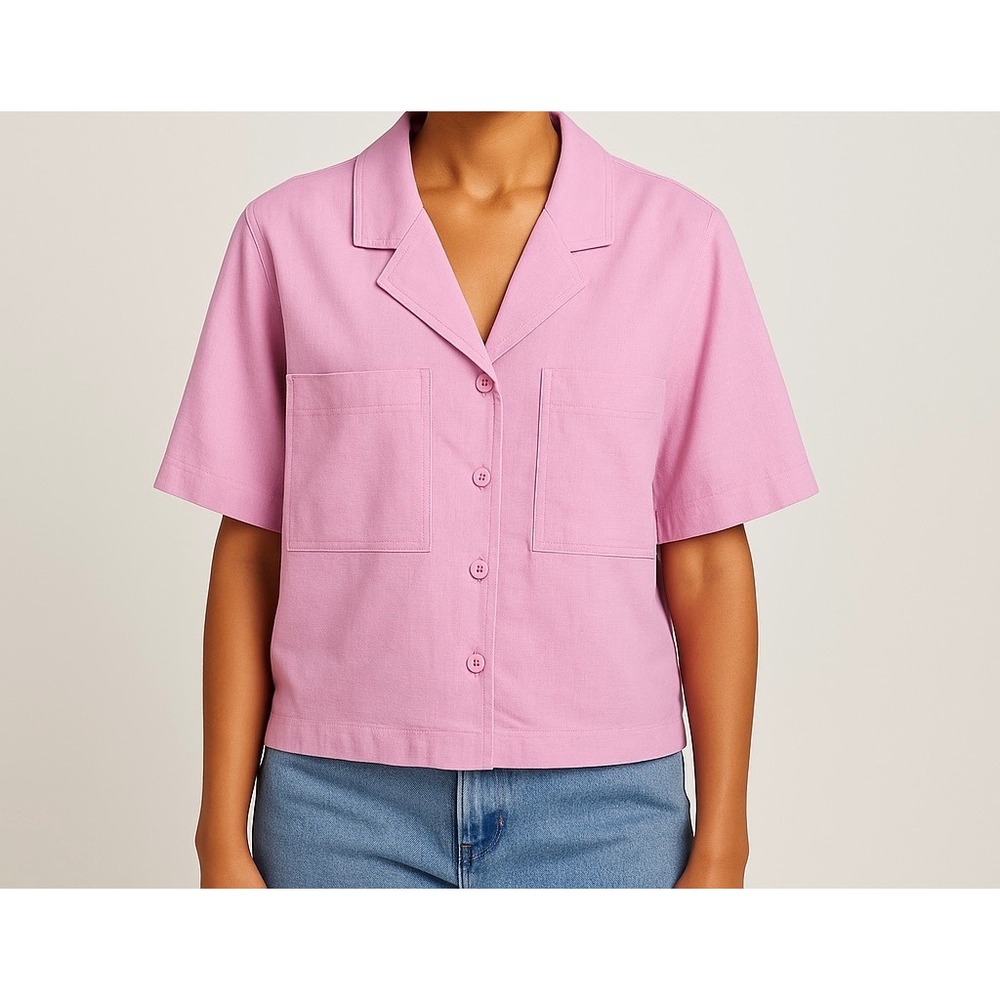 Buffalo David Bitton Pink Linen Blend Short Sleeve Button Up Shirt Top Women's L